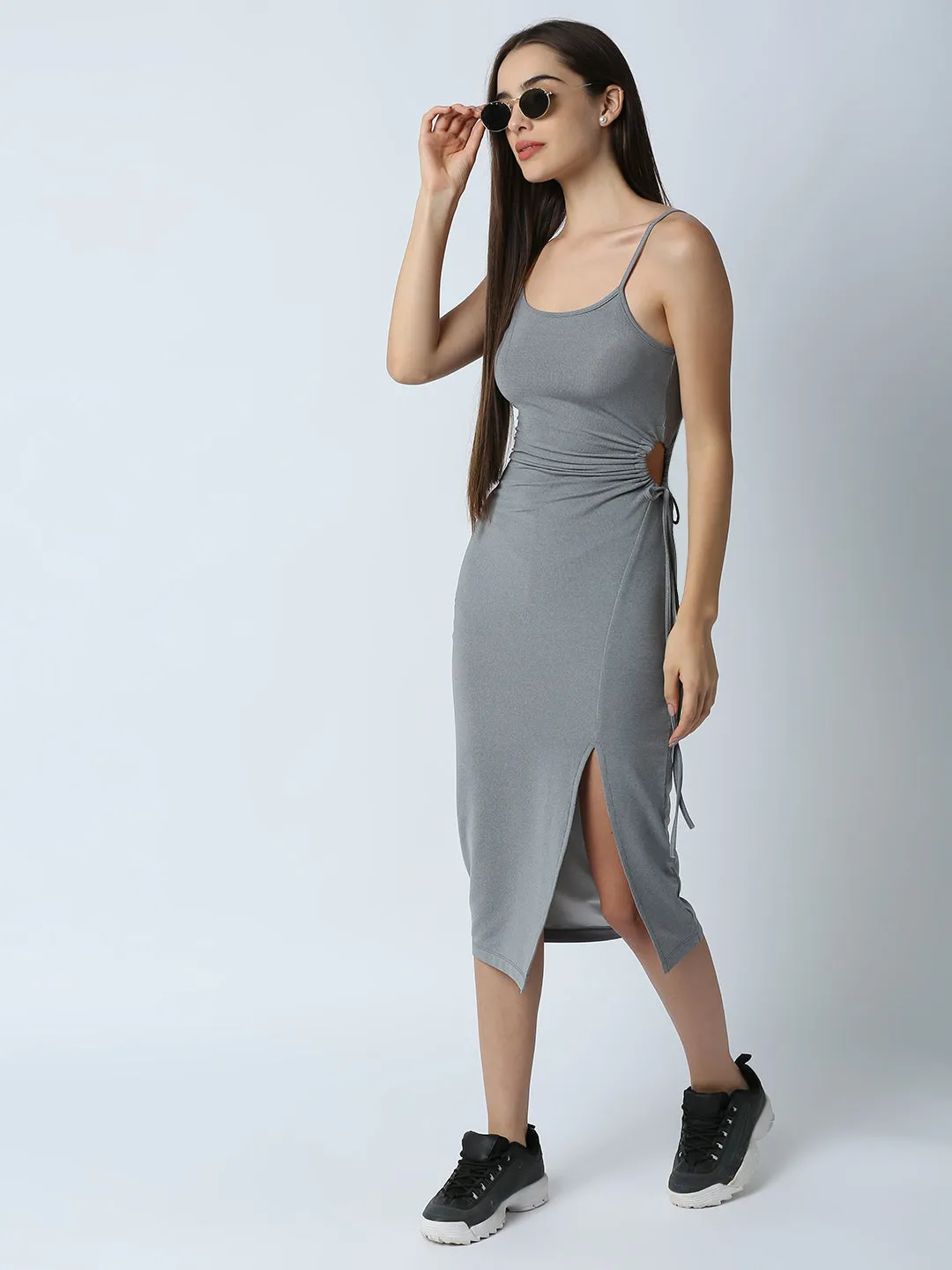 Disrupt Women Grey Side Tie-up Detail Strappy Midi Dress