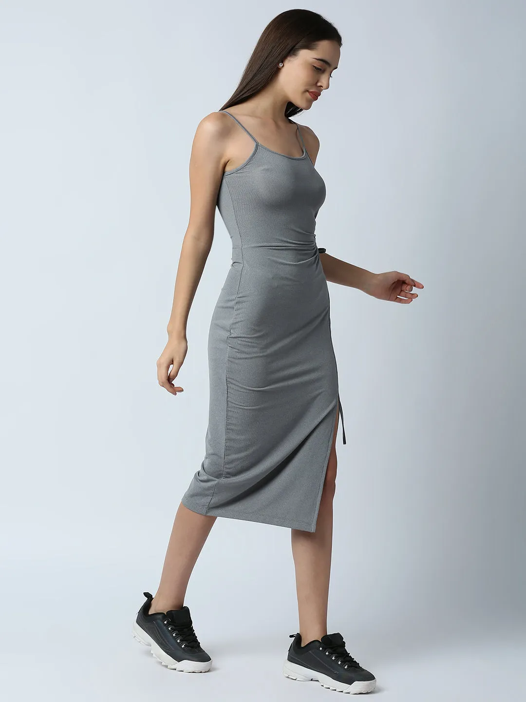 Disrupt Women Grey Side Tie-up Detail Strappy Midi Dress