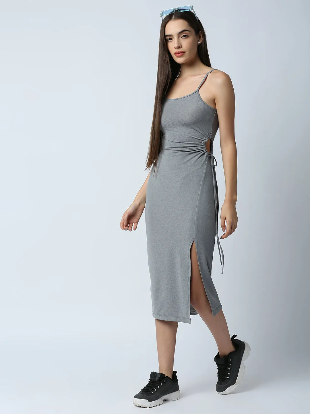 Disrupt Women Grey Side Tie-up Detail Strappy Midi Dress