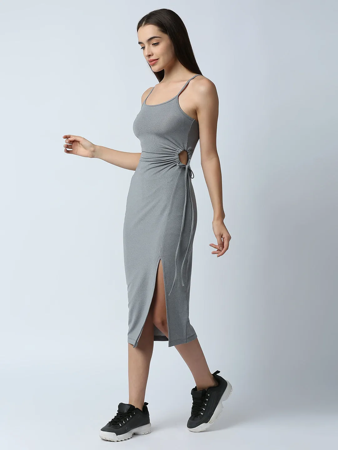 Disrupt Women Grey Side Tie-up Detail Strappy Midi Dress