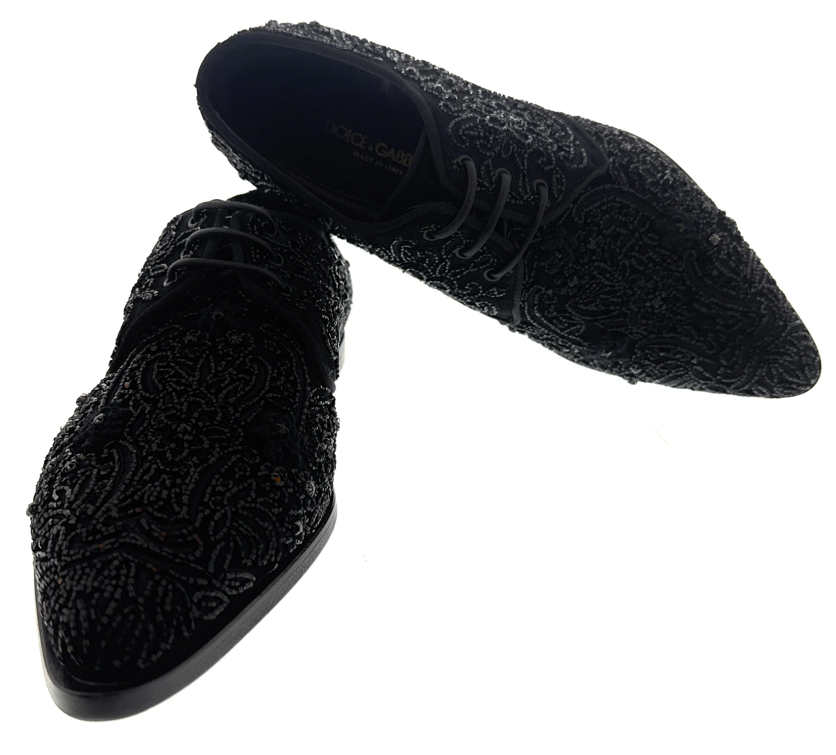Dolce & Gabbana Men's Black Beaded Velvet Lace-Up Formal Shoes-EU39