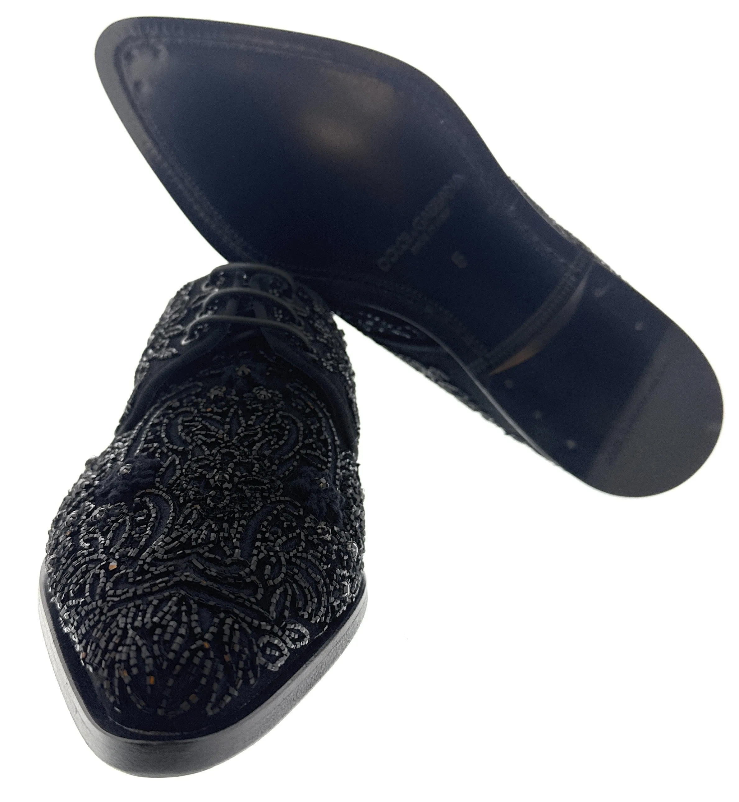 Dolce & Gabbana Men's Black Beaded Velvet Lace-Up Formal Shoes-EU39