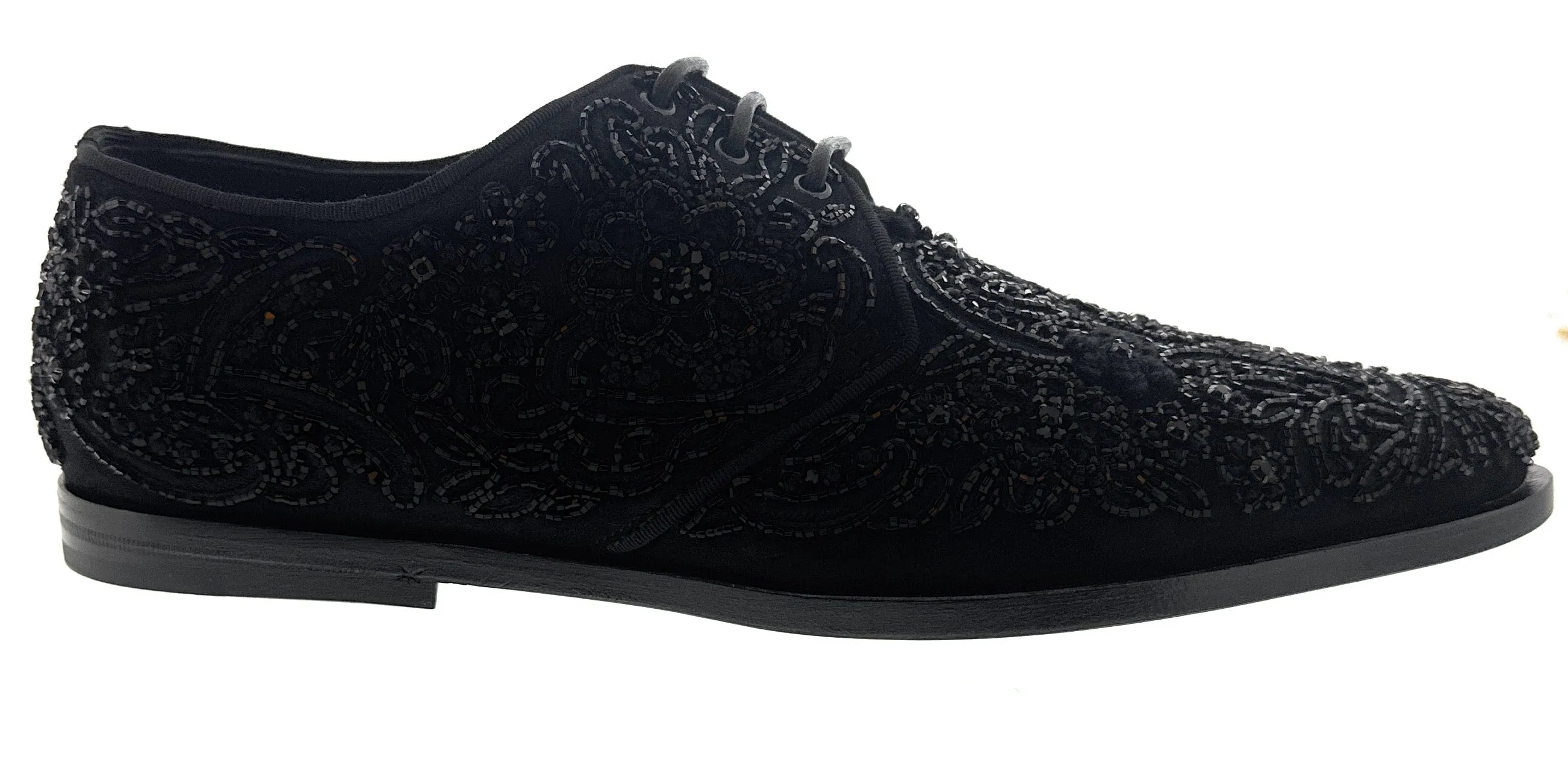 Dolce & Gabbana Men's Black Beaded Velvet Lace-Up Formal Shoes-EU39