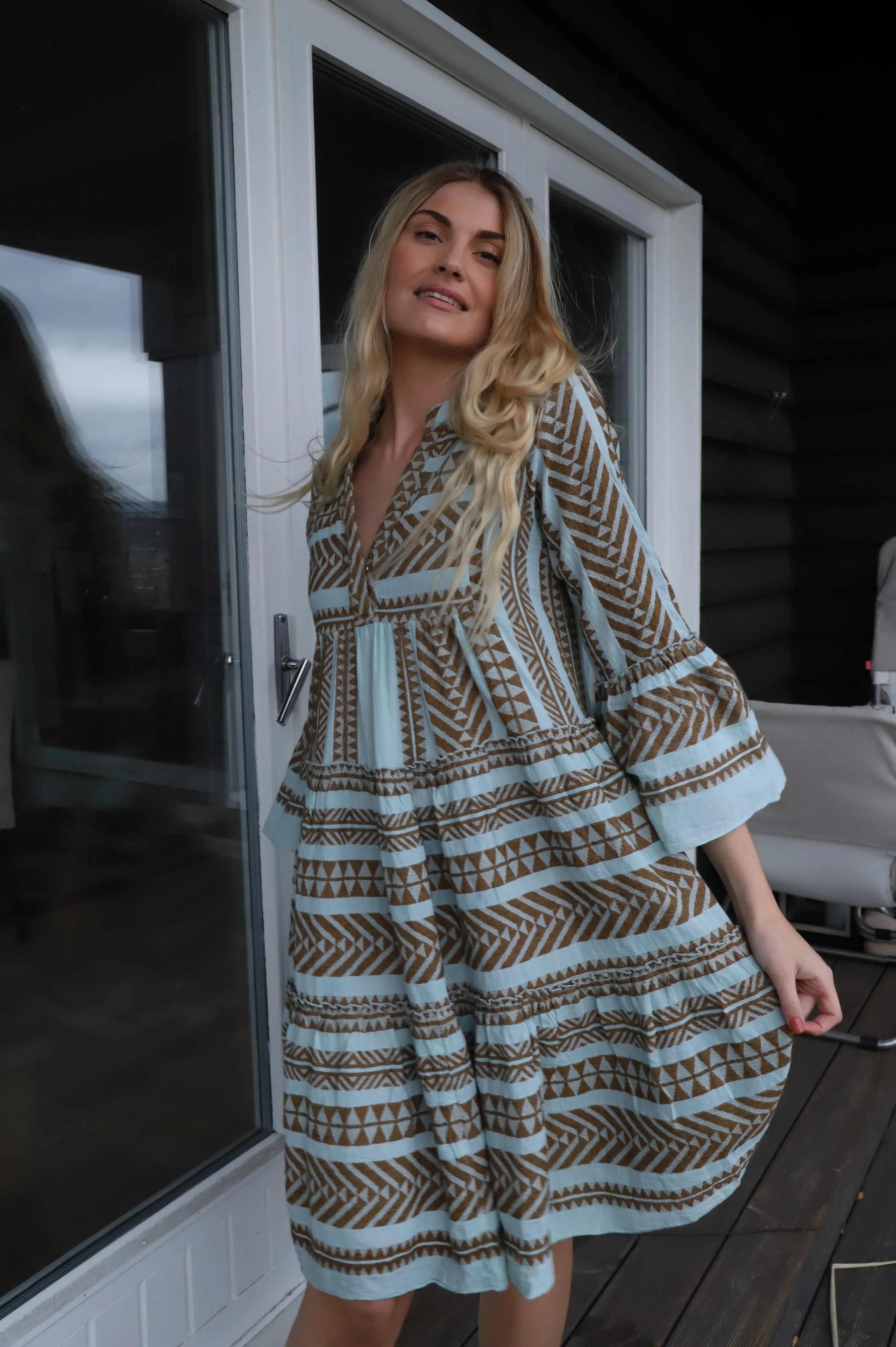 Ella Midi Dress - Brown-Black/Light Blue