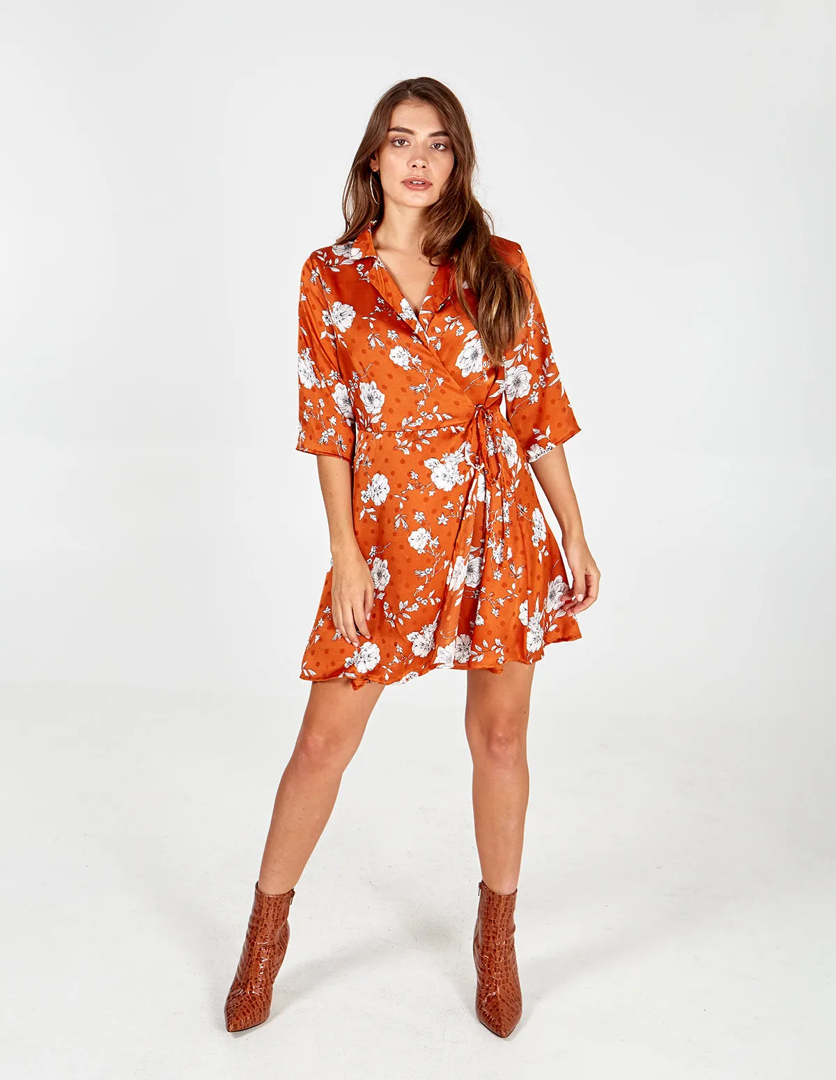 Floral Spot Collar Wrap Dress