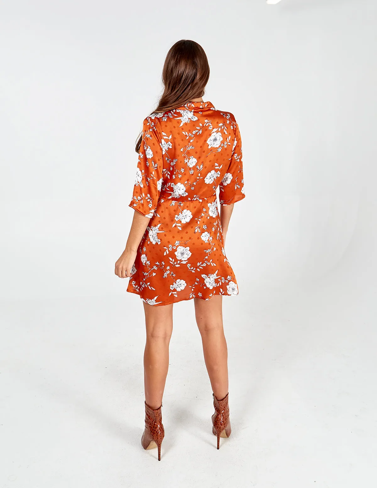 Floral Spot Collar Wrap Dress