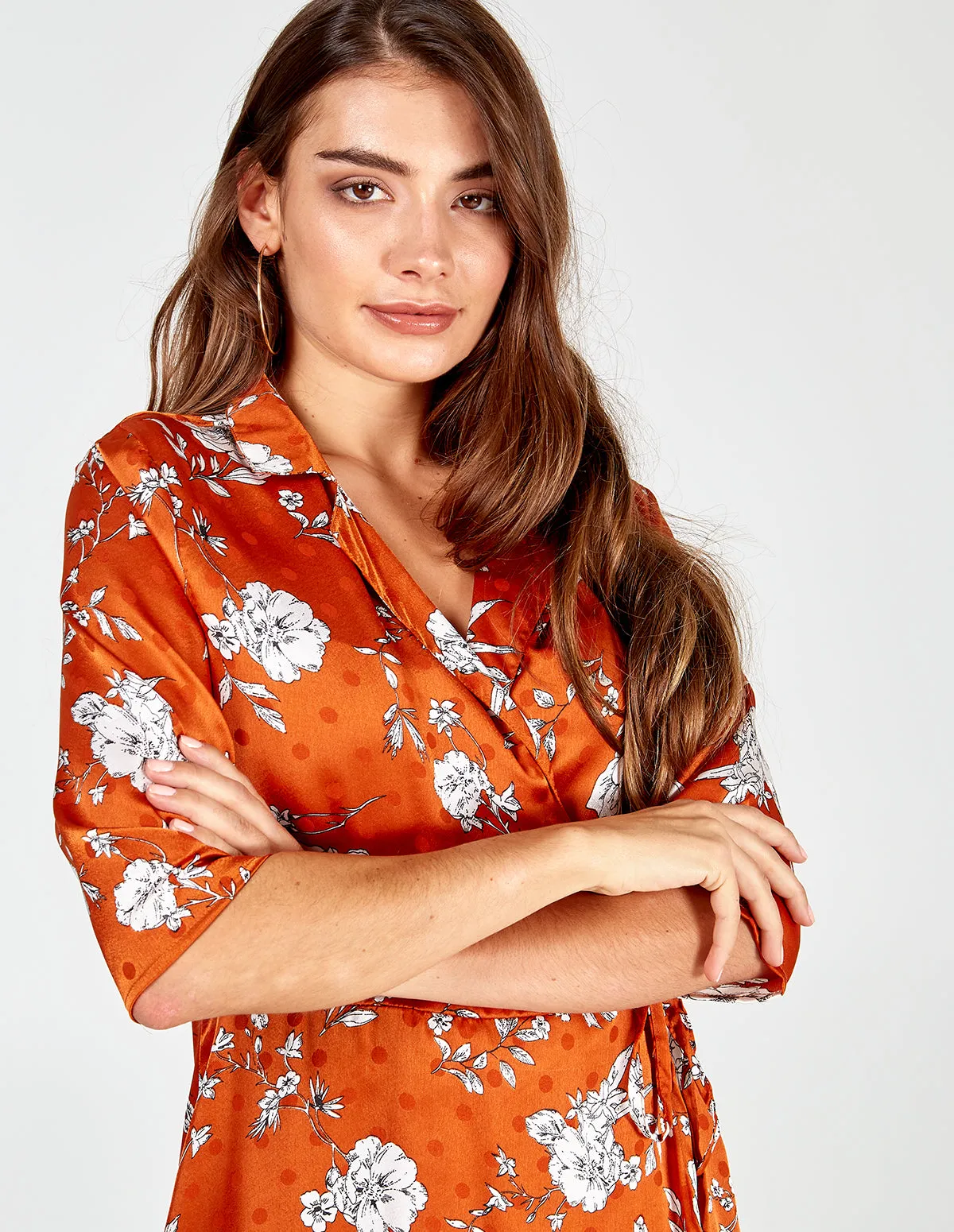 Floral Spot Collar Wrap Dress