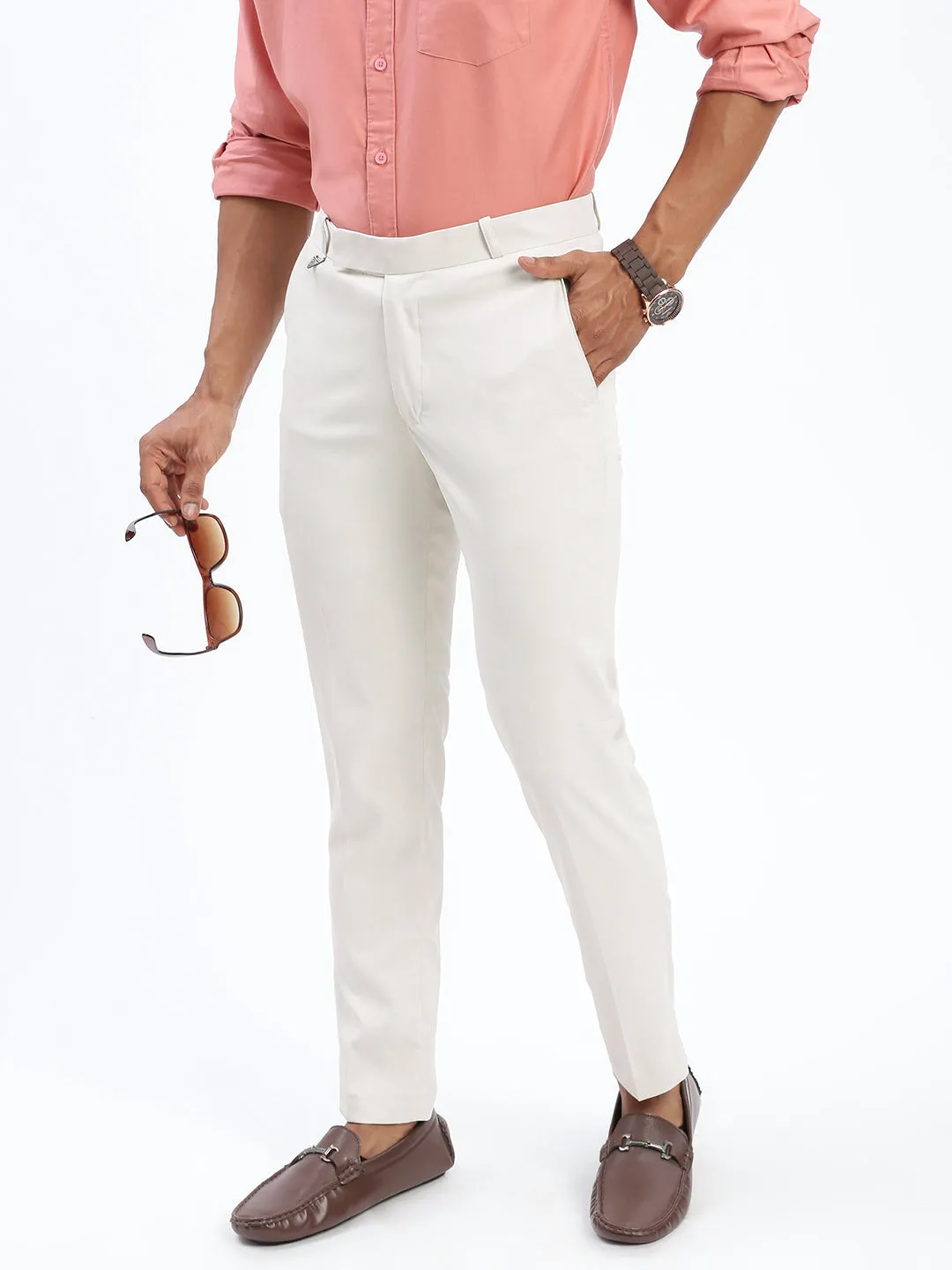 Men Solid Cream Formal Trousers