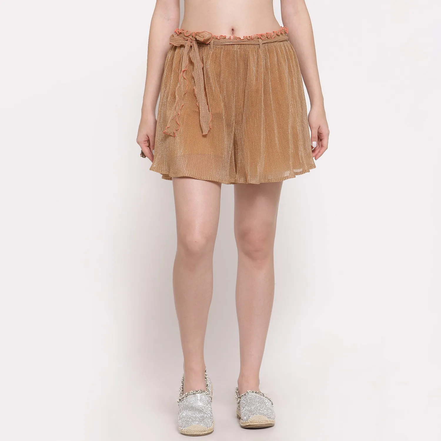 Plisse Beige Shorts With Belt