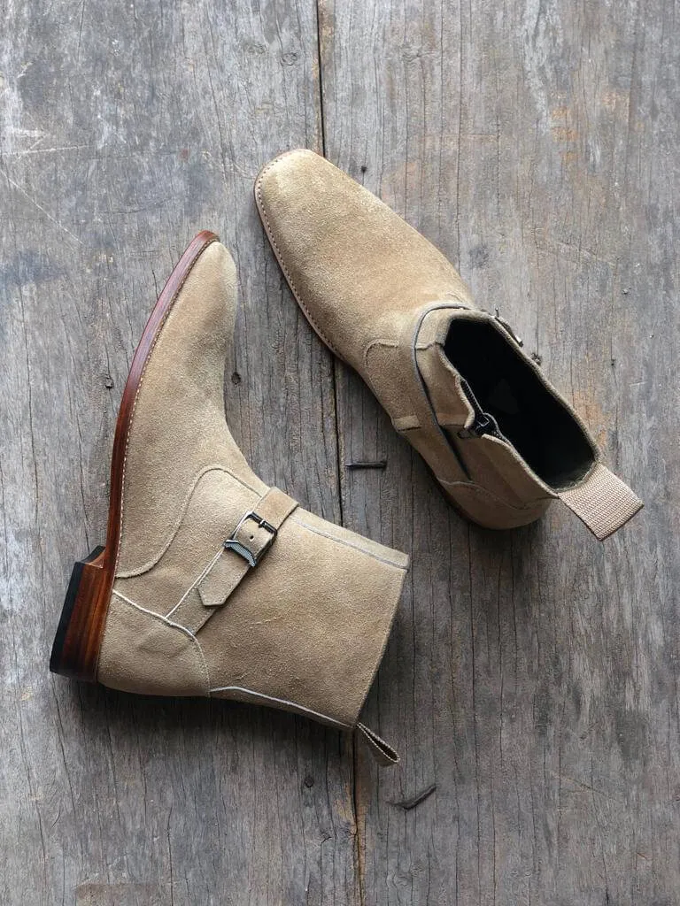 Stylish Handmade Men’s Ankle High Suede Jodhpurs Boots, Men’s Beige Color Buckle Boot