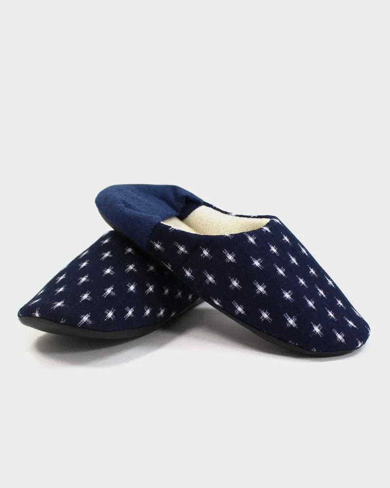 ToK Women's Babouche, Indigo Cross Kasuri with Indigo Heel