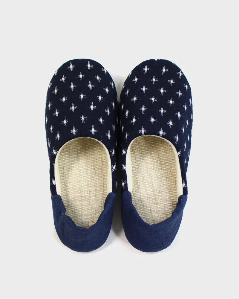 ToK Women's Babouche, Indigo Cross Kasuri with Indigo Heel