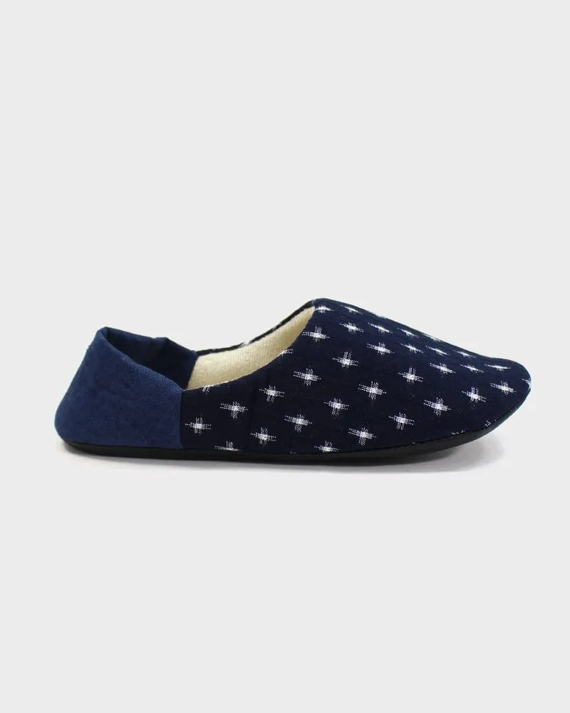 ToK Women's Babouche, Indigo Cross Kasuri with Indigo Heel