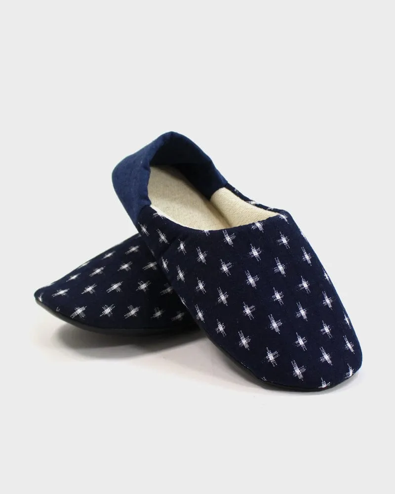 ToK Women's Babouche, Indigo Cross Kasuri with Indigo Heel