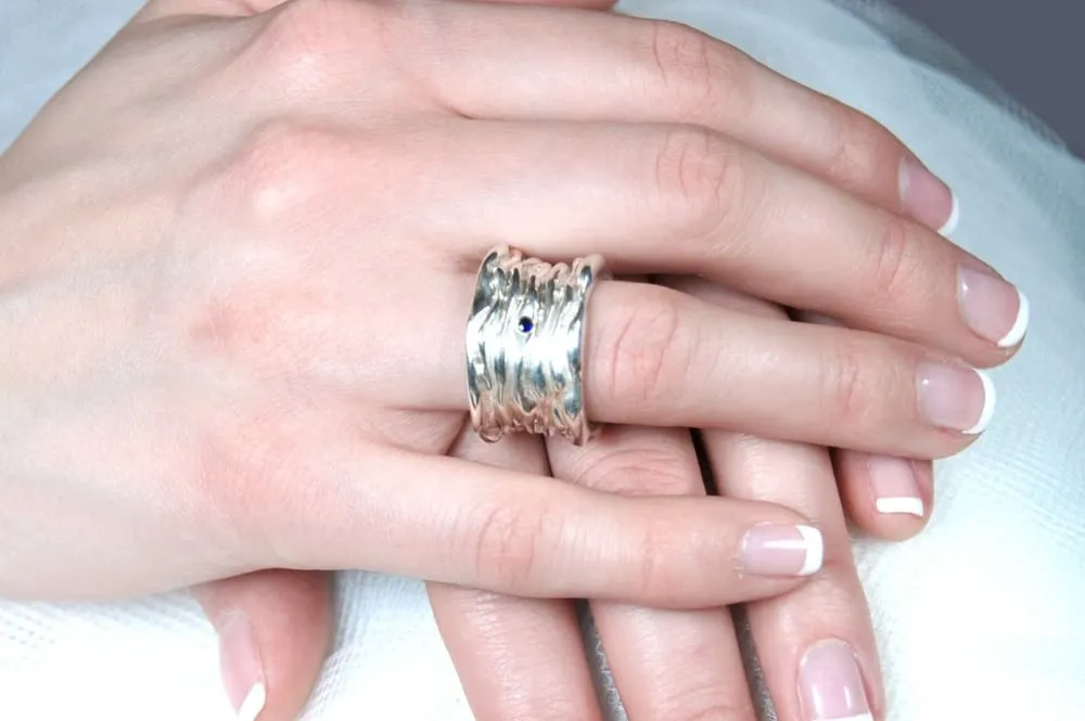 Wave ring - Water Ring, Blue Sapphires Ring, September Birthstone, Sterling Silver
