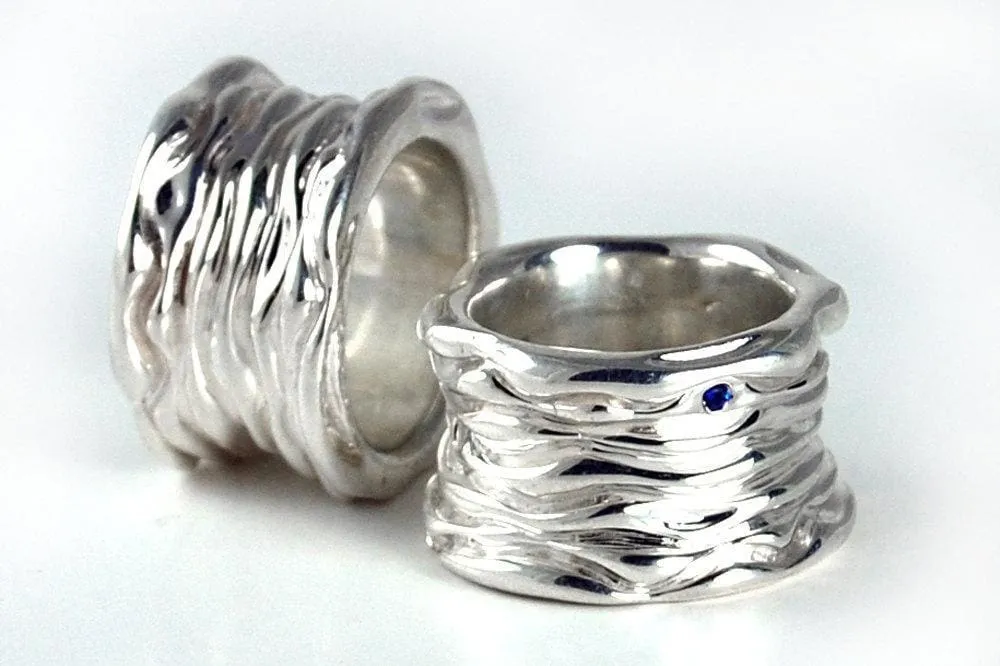 Wave ring - Water Ring, Blue Sapphires Ring, September Birthstone, Sterling Silver