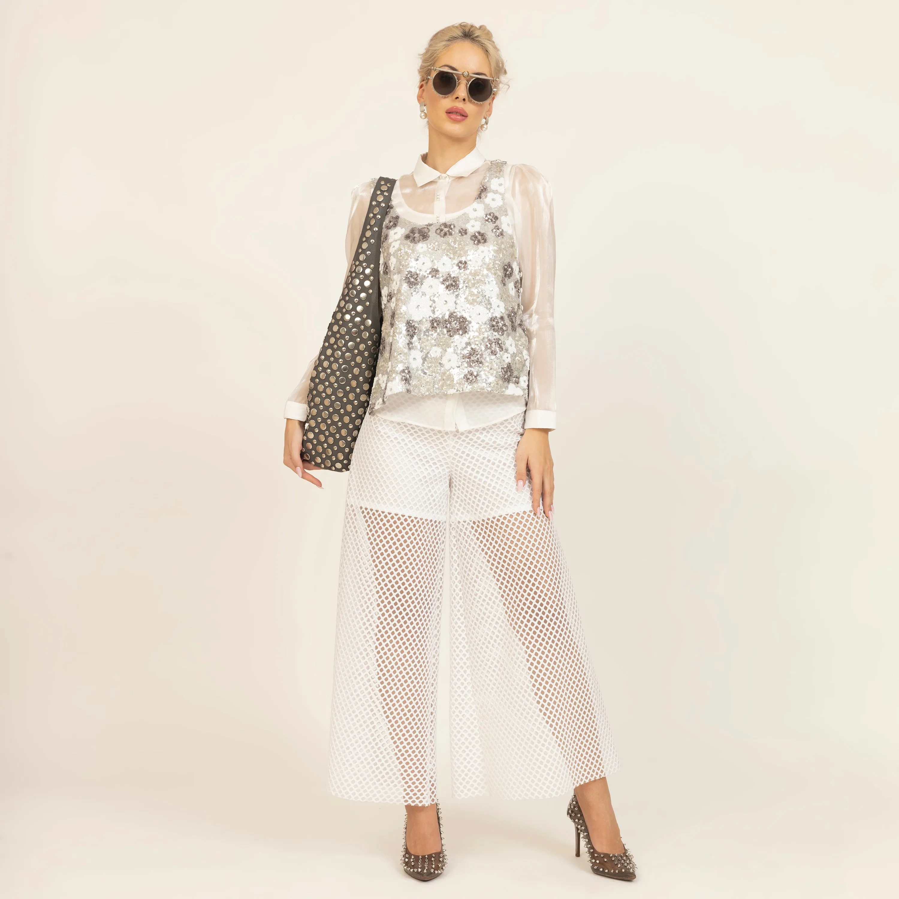 White Mesh Net Flared Palazzo