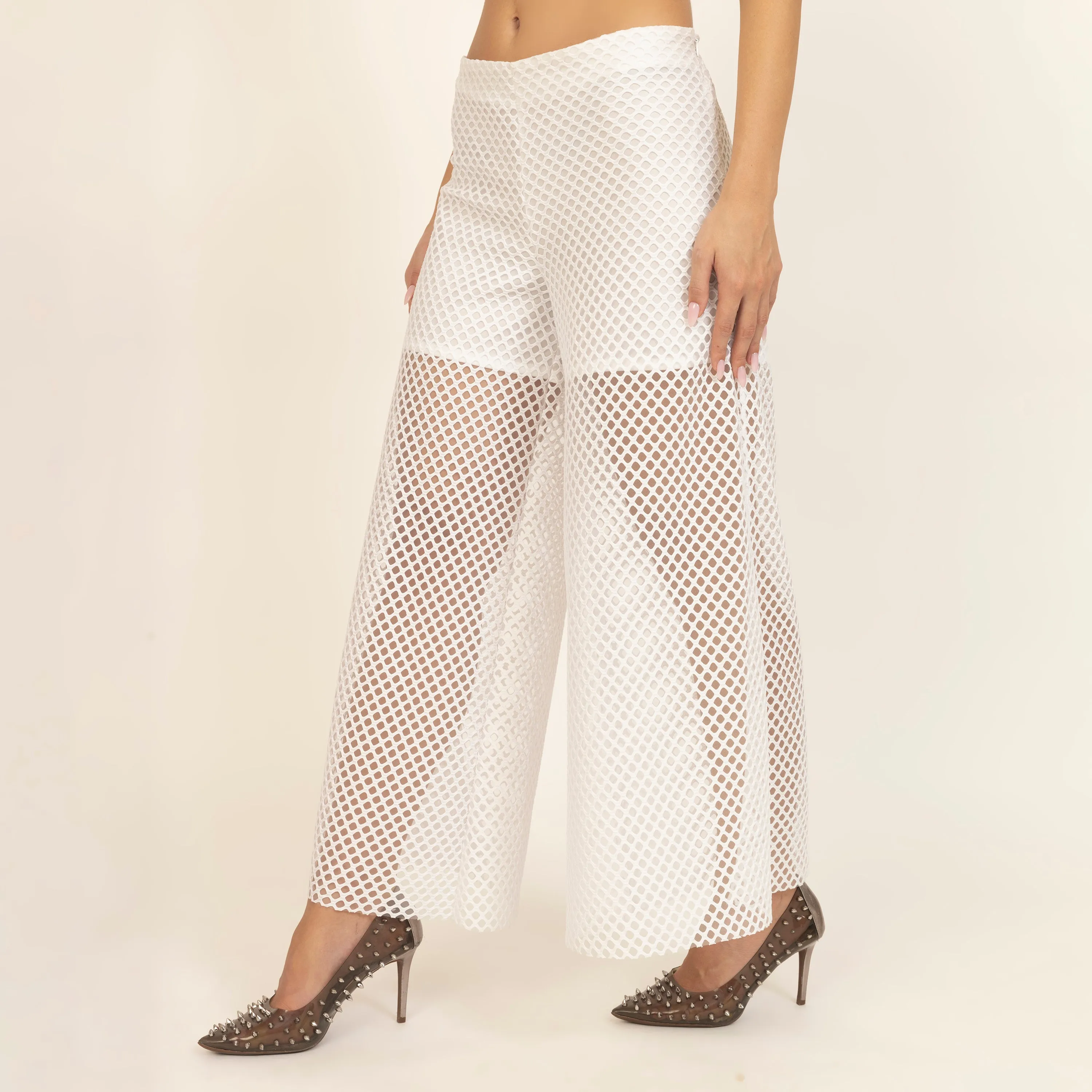 White Mesh Net Flared Palazzo