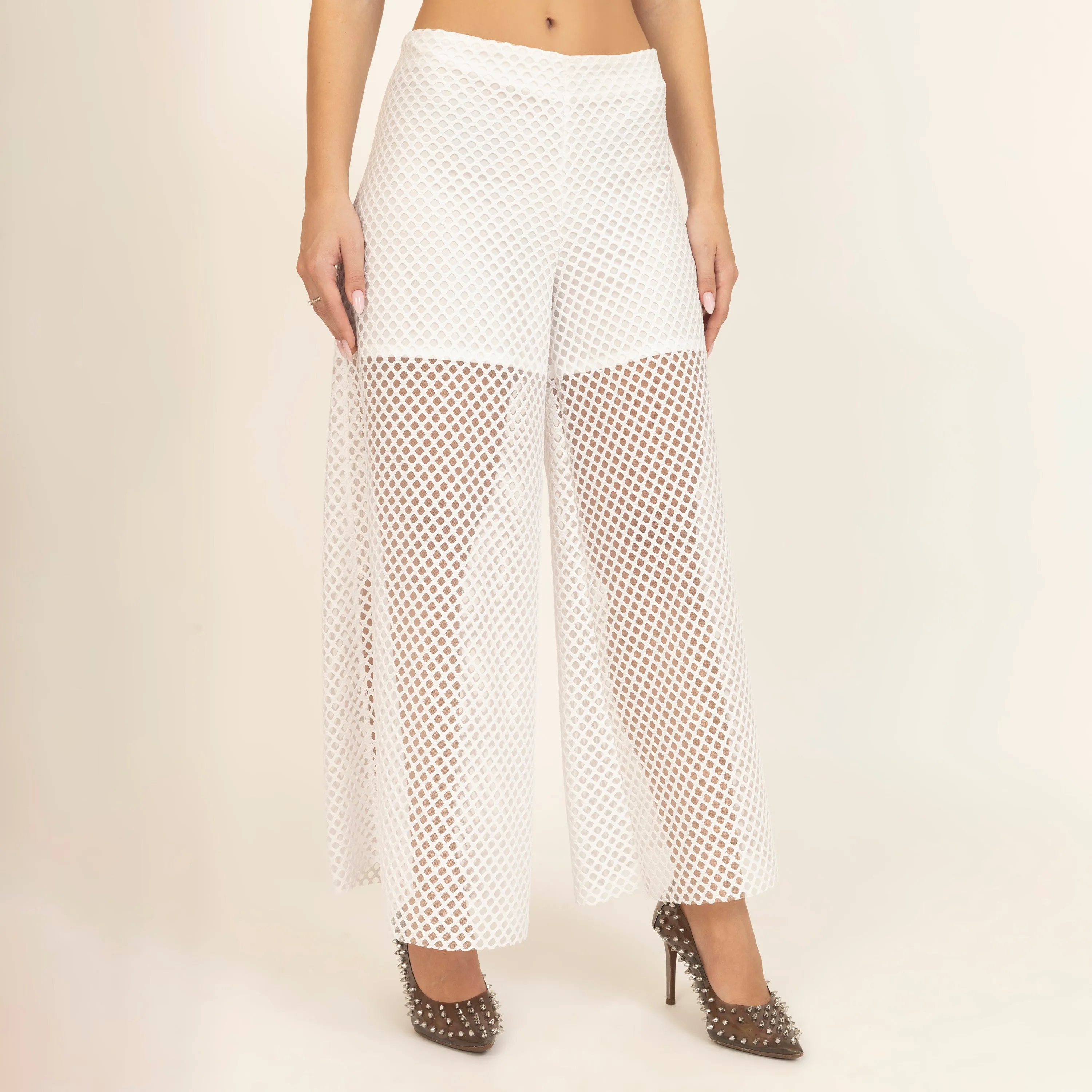 White Mesh Net Flared Palazzo