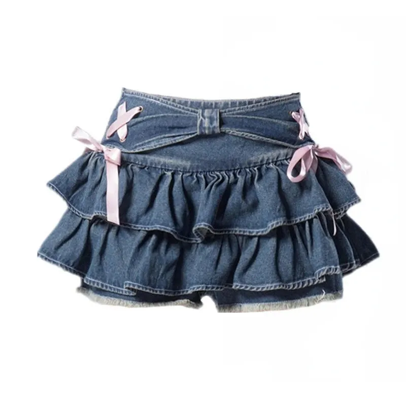 Y2K Jeansrock mit Schleifen Süße Kawaii Mode